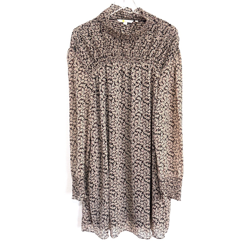 Boden Black and Cream Smocked Metallic Floral Print Long Sleeve Shift Dress